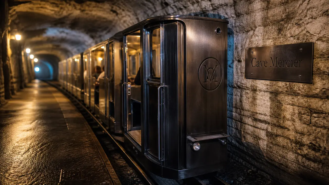 Cave Mercier à Épernay : train souterrain dans la craie