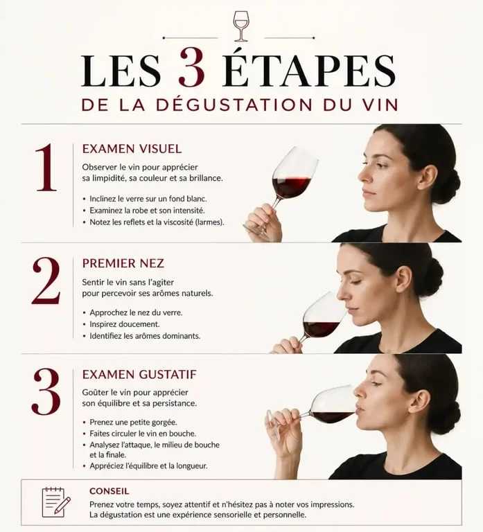 Infographie des étapes de dégustation pour un cours oenologie