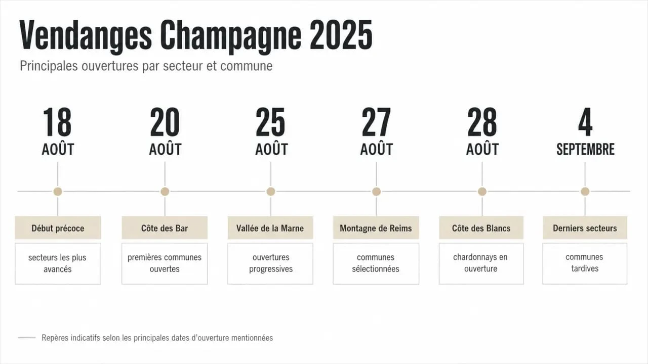 Dates vendanges Champagne 2025 : frise chronologique des ouvertures par commune et cépage