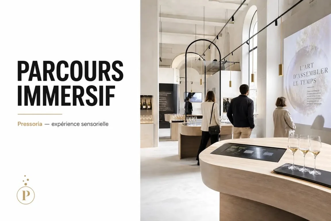 Pressoria voyage sensoriel au coeur du champagne, expérience immersive intérieure et parcours des cinq sens