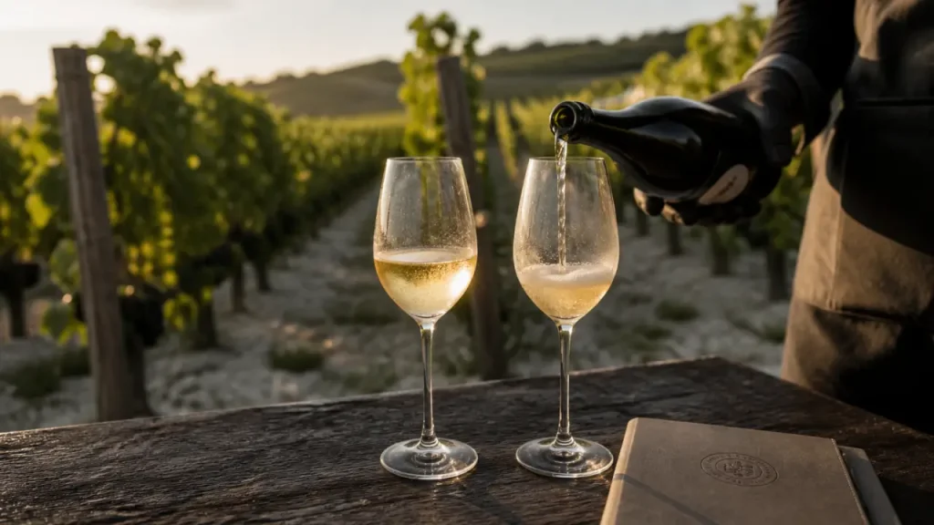Verzenay champagne : dégustation Grand Cru Pinot Noir, verres et vignes de la Montagne de Reims