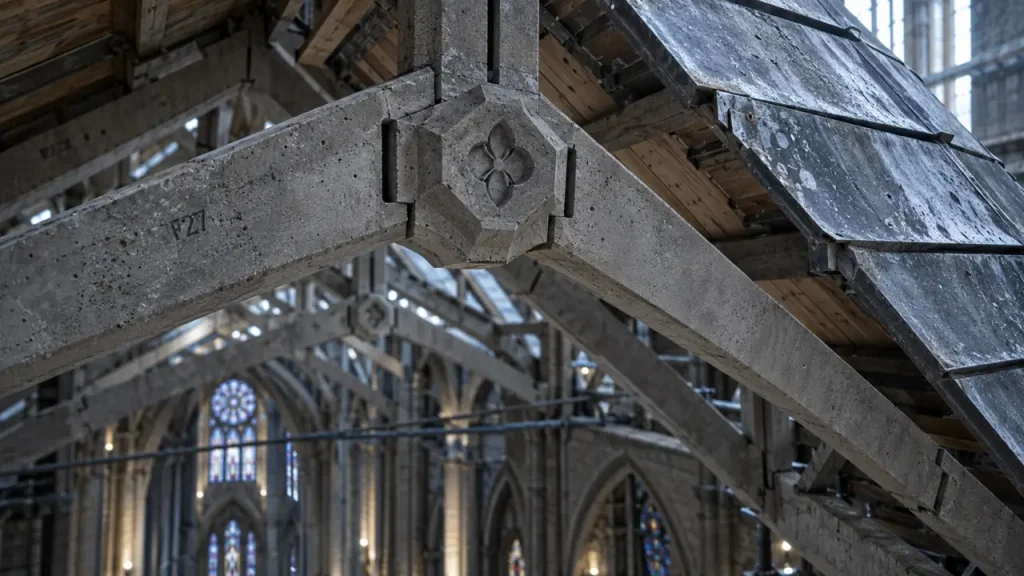 Charpente cathédrale de Reims : fermes en ciment armé, voûtes et plomb