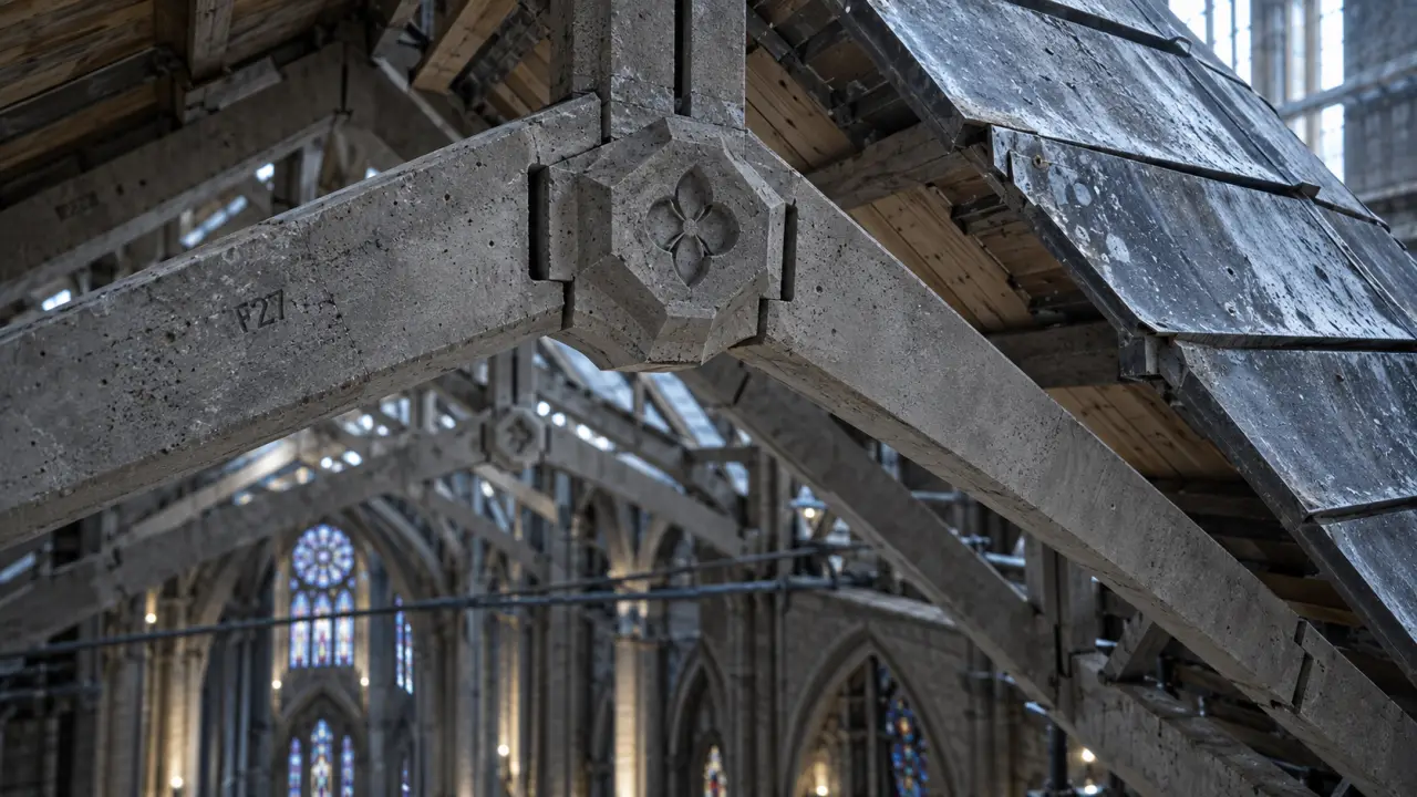 Charpente cathédrale de Reims : fermes en ciment armé, voûtes et plomb