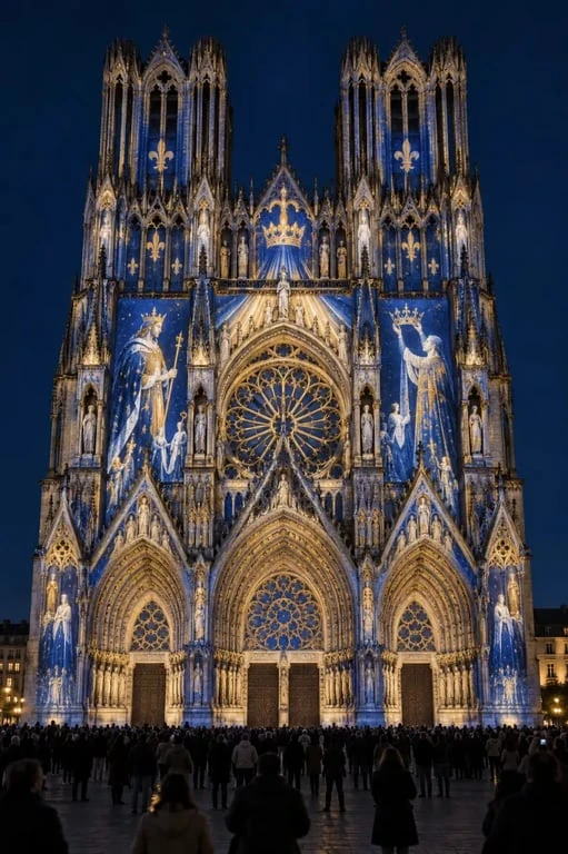 Cathédrale Reims son et lumière Regalia projeté sur la façade de Notre-Dame