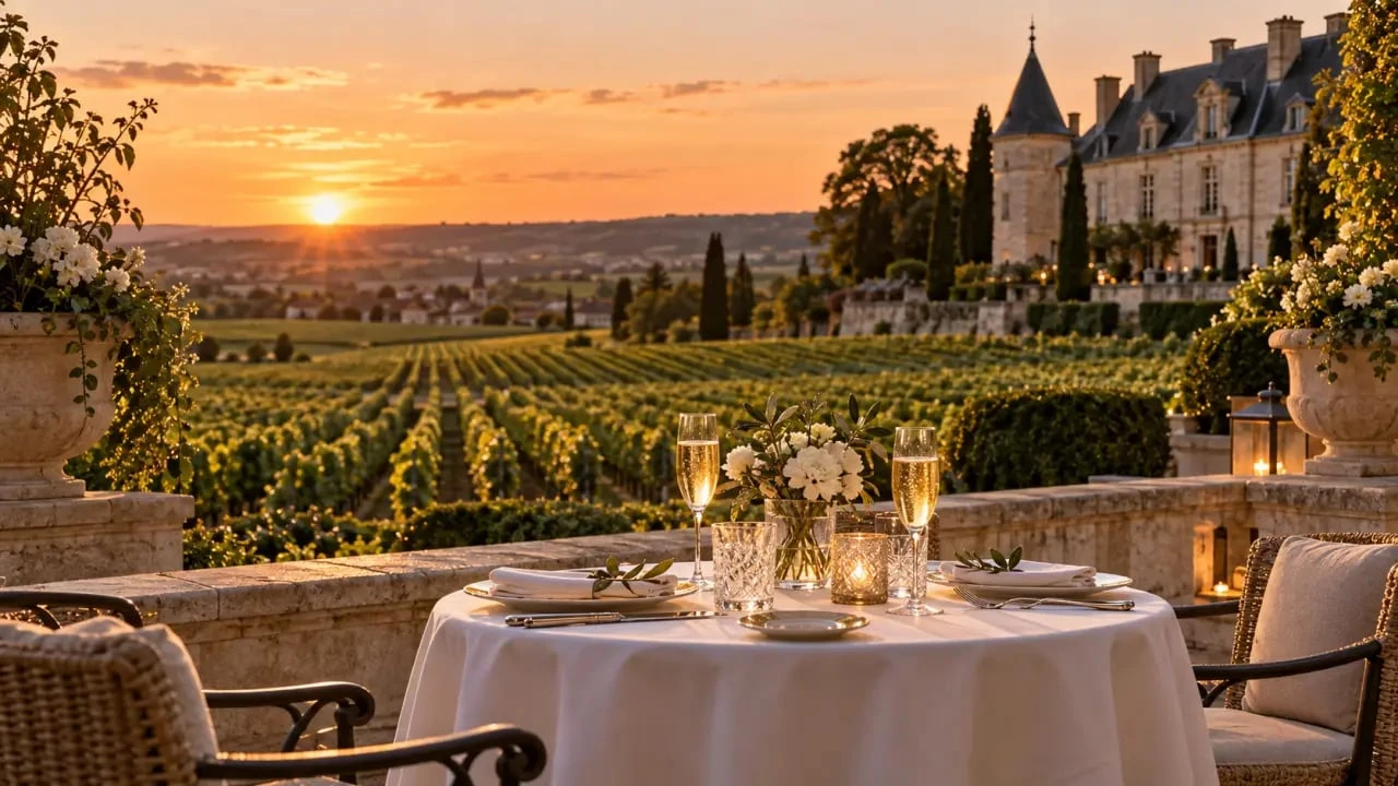Terrasse d’un hôtel restaurant à Reims avec vue sur les vignes et une coupe de champagne