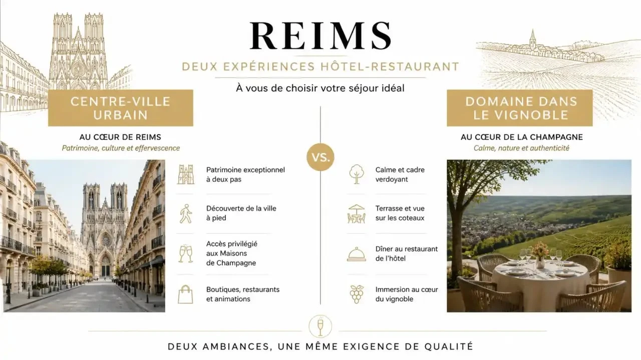 Infographie comparant un hôtel restaurant à Reims en centre-ville et dans le vignoble champenois