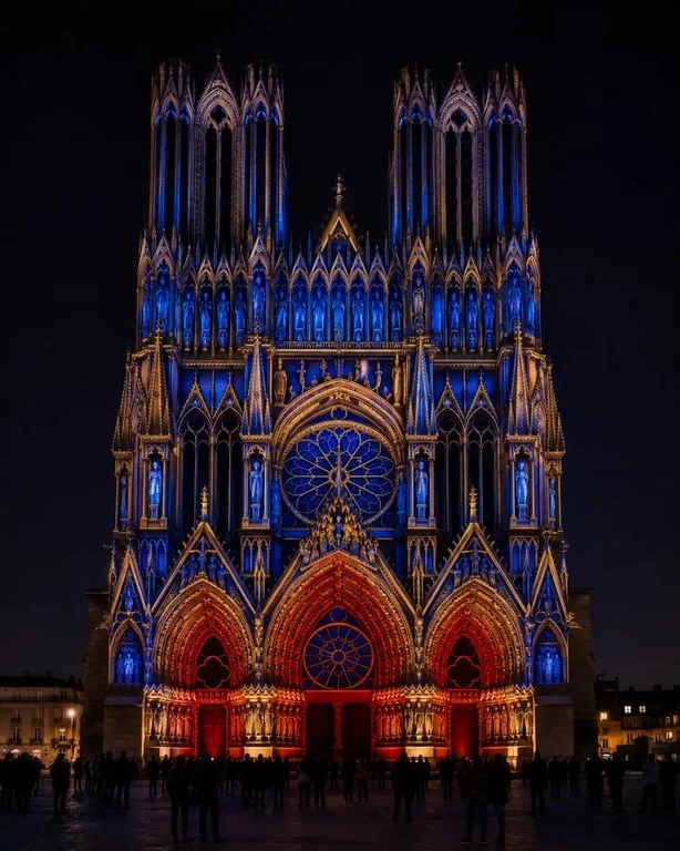 Spectacle cathédrale Reims Regalia projeté sur la façade de Notre-Dame