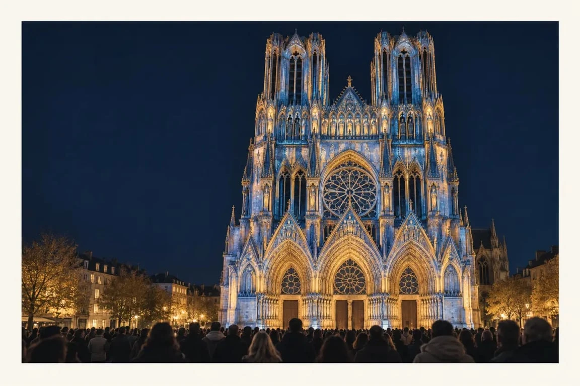 Illumination cathédrale Reims horaire 2025 : projection nocturne sur la façade de Notre-Dame