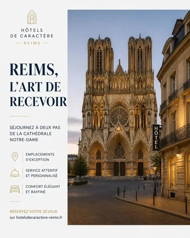 Cathédrale Notre-Dame de Reims illuminée le soir, quartier des hôtels proches