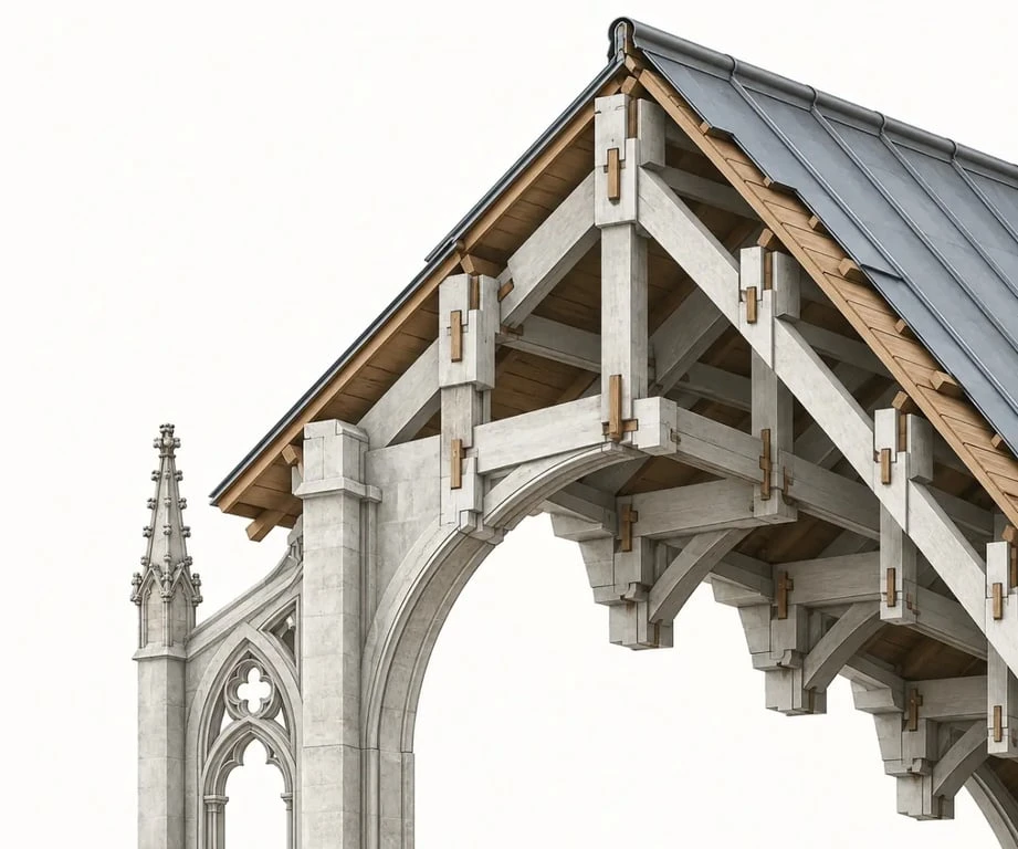 Schéma explicatif de la charpente de la cathédrale de Reims en ciment armé
