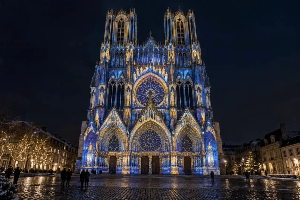 Illumination de la cathédrale de Reims à Noël 2025 avec le spectacle Régalia