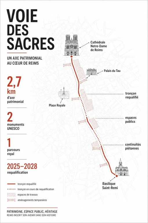 Voie des Sacres - cathédrale de Reims : tracé patrimonial entre Saint-Remi et Notre-Dame