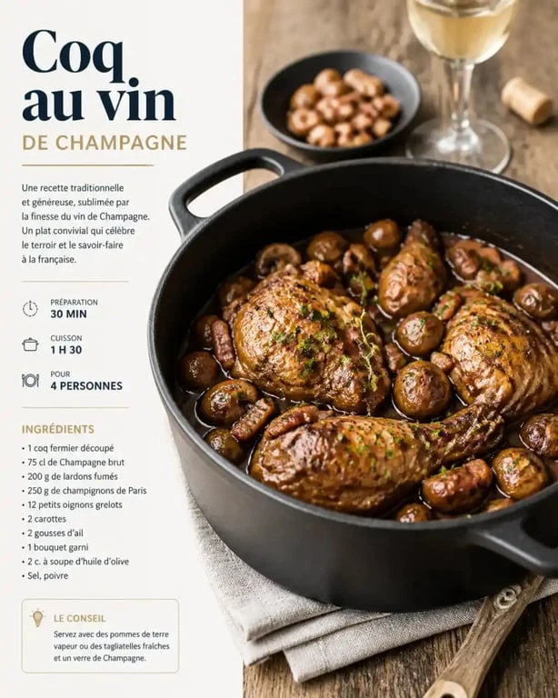 Recette de coq au vin de Champagne dans un restaurant du quartier Boulingrin à Reims
