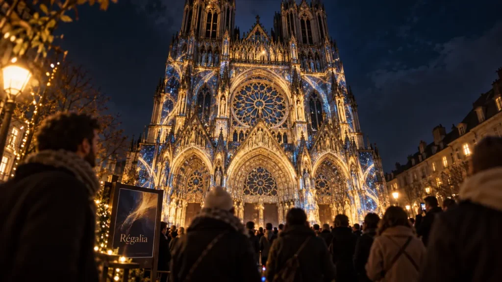 Illumination cathédrale reims noël 2025 : Régalia, façade de Reims en projection