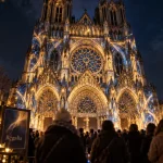 Illumination cathédrale reims noël 2025 : Régalia, façade de Reims en projection