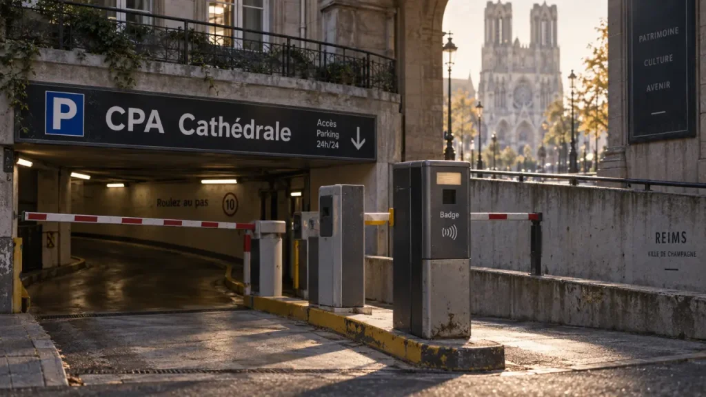 Reims parking cathédrale : entrée parking couvert, accès et rampe
