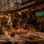 Restaurant le tablier reims : terrasse rétro face à la fontaine Subé, ambiance golden hour
