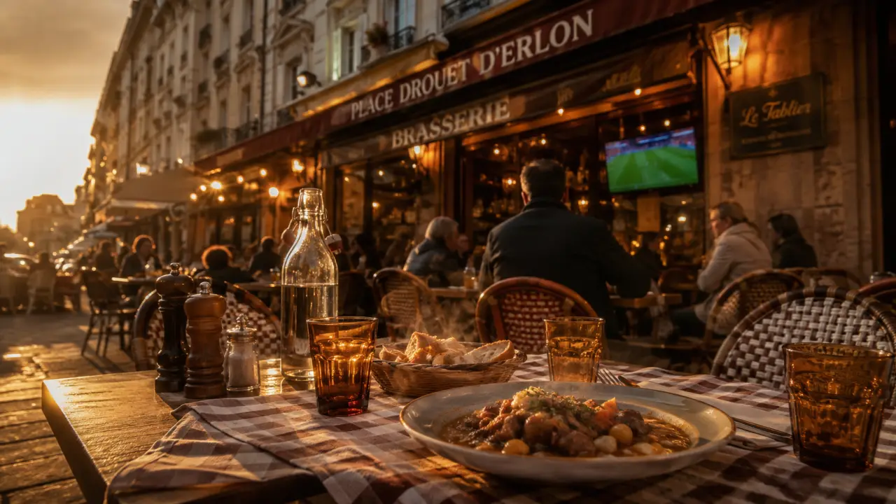 Restaurant le tablier reims : terrasse rétro face à la fontaine Subé, ambiance golden hour