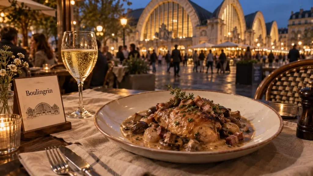 Restaurants boulingrin reims : table avec coq au vin près des Halles du Boulingrin