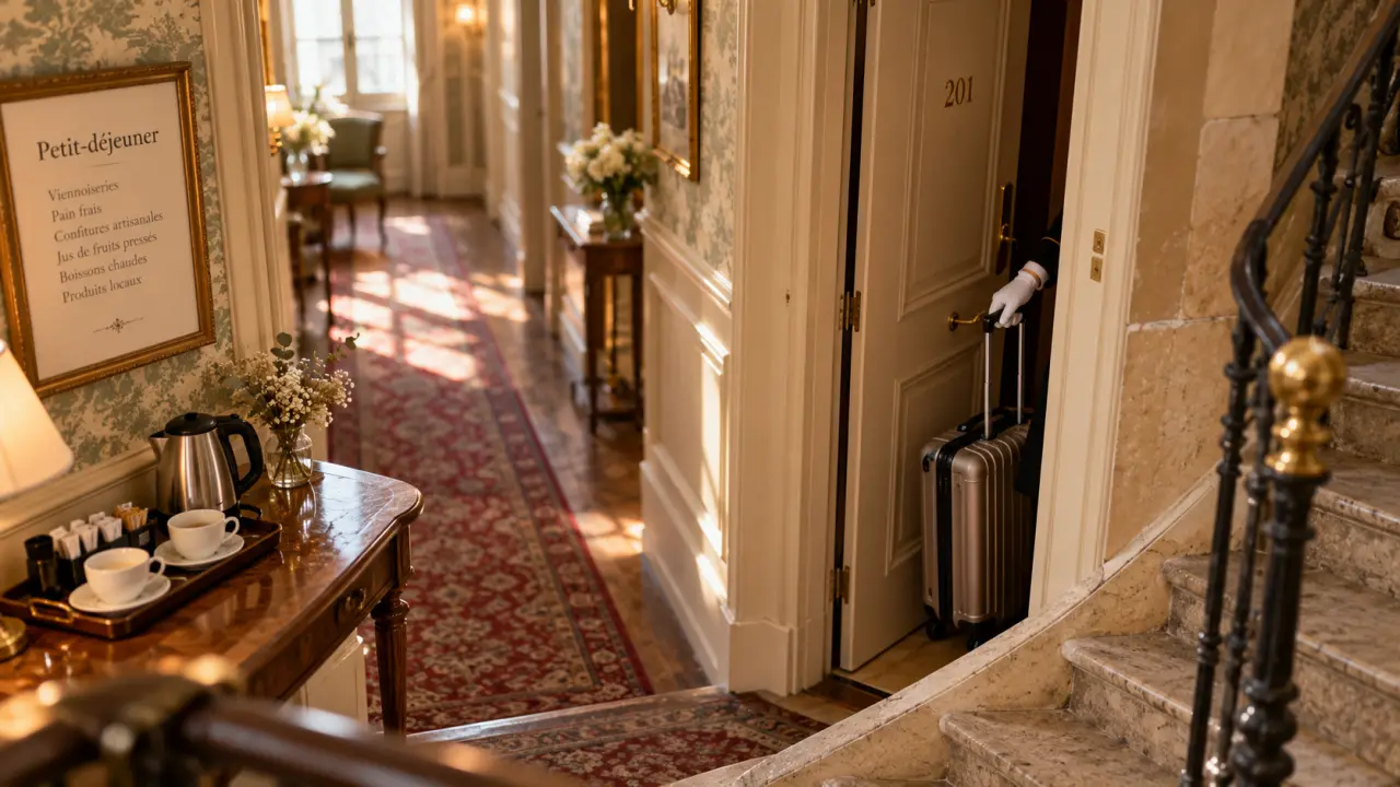 Hotel de la cathédrale Reims : chambre sans ascenseur, entrée de chambre et escalier