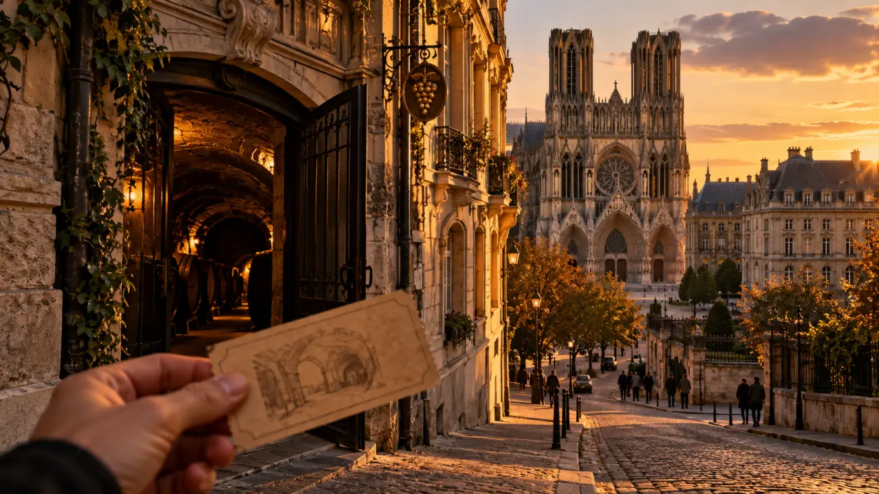 Tourisme Reims : cathédrale et entrée de cave Champagne
